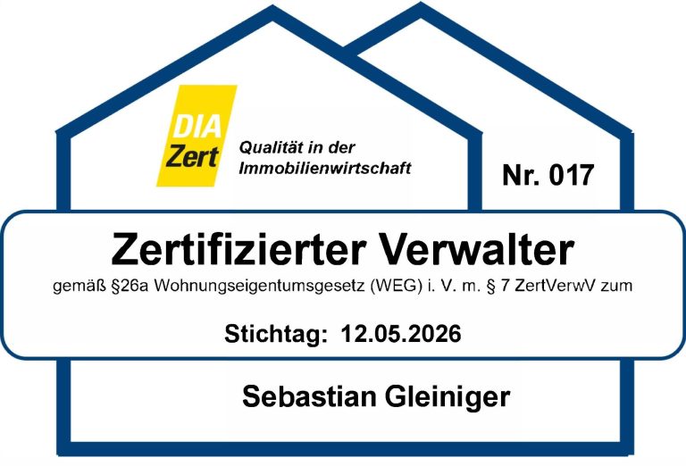 DIAZert, §26a WEG Zertifikat für zertifizierten Verwalter gemäß §26a WEG mit Nr. 017, ausgestellt am 12.05.2026, Sebastian Gleiniger.